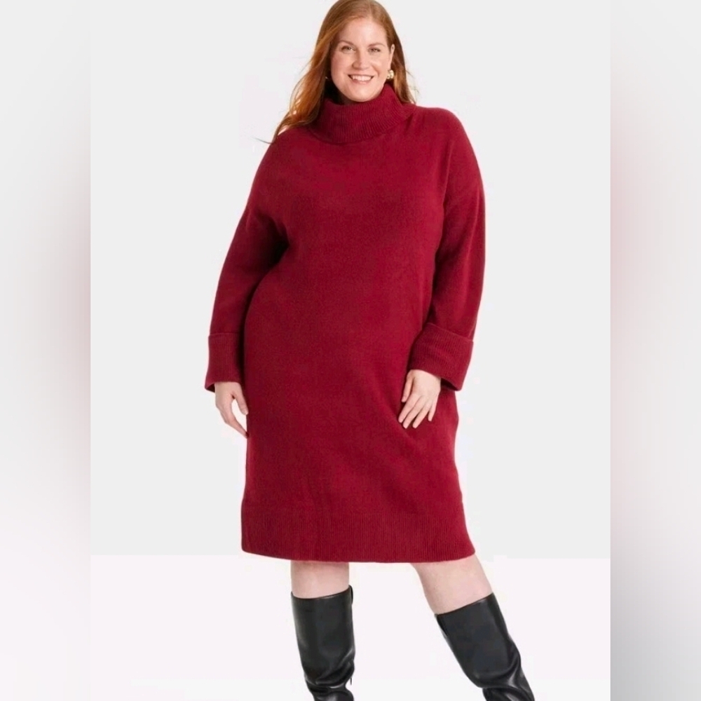 Knitted Midi Sweater Dress Turtleneck Cashmere Feel Burgundy Size 2X